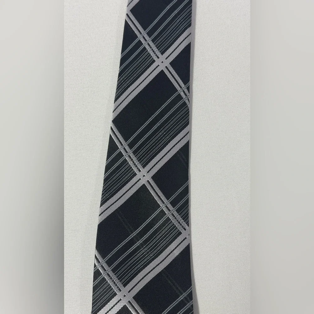 Boys Striped Clip On Tie Necktie Black Gray Plaid 17” Long